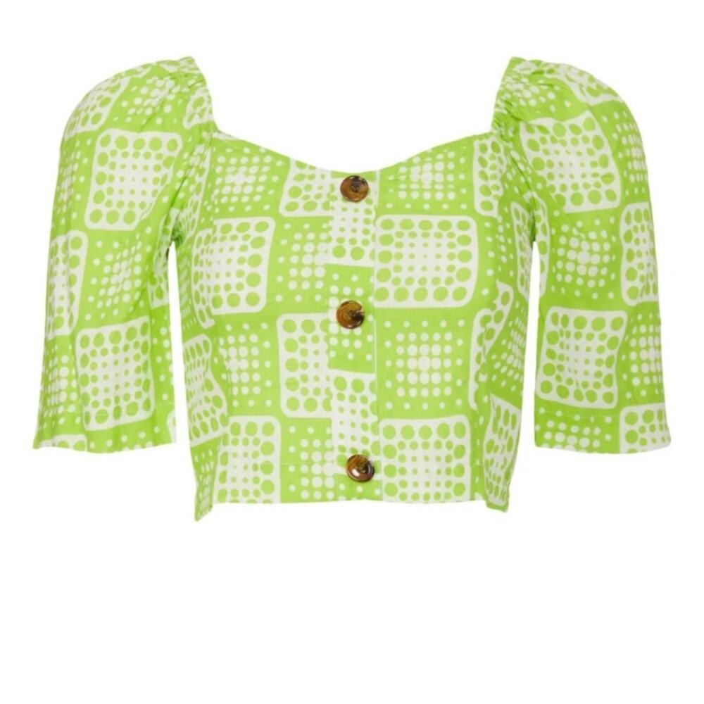 The Odells Crop Top Small Green Geometric Dot Puff Sleeve Smocked Boho Retro